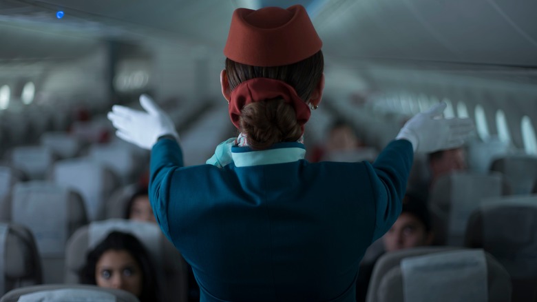 flight attendant gesturing to passengers