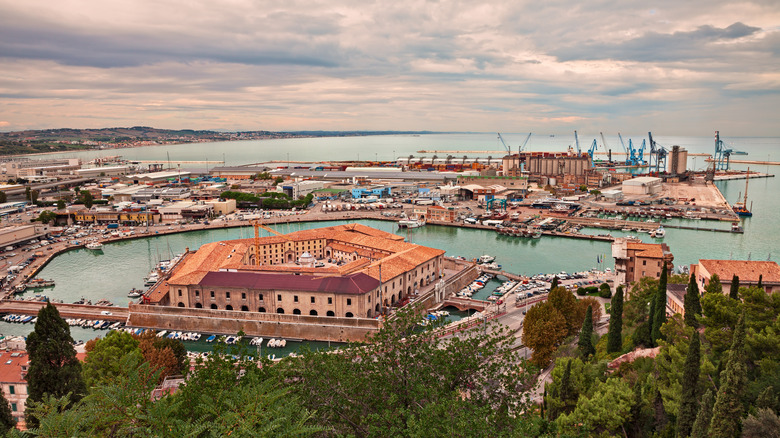 Aerial view of harbor in Ancona, Italy